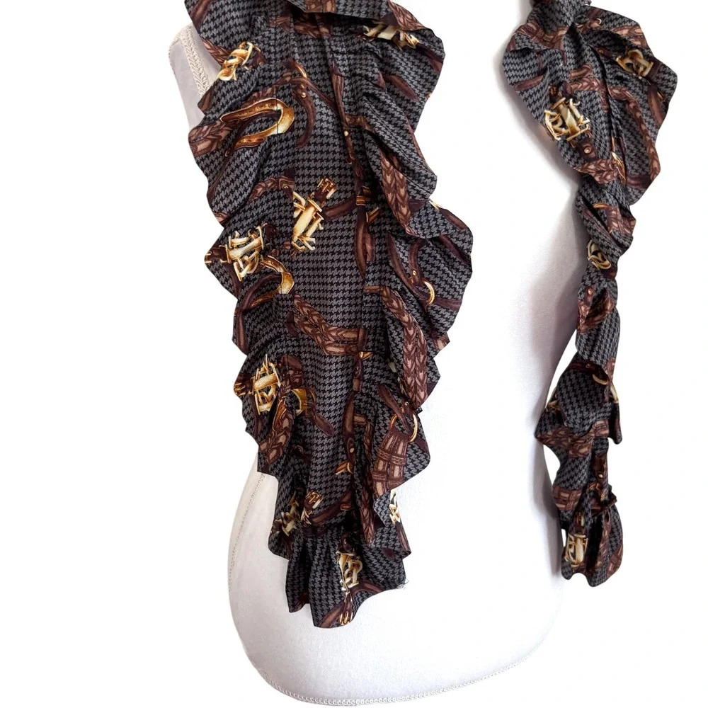 Lauren Ralph Lauren‎ Silk Bridal Equestrian Ruffle Scarf Houndstooth Heritage